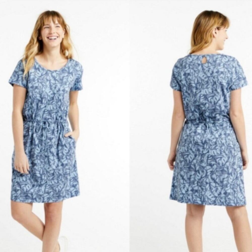 L.L. Bean Sz S Blue Printed Cotton/Tencel Slub Dress Short Sleeve Drawstring